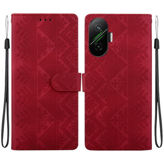 For Redmi Turbo 4 Pro / Poco F7 Ethnic Pattern Embossed Vegan Leather Phone Case - Red - EDA009981024C