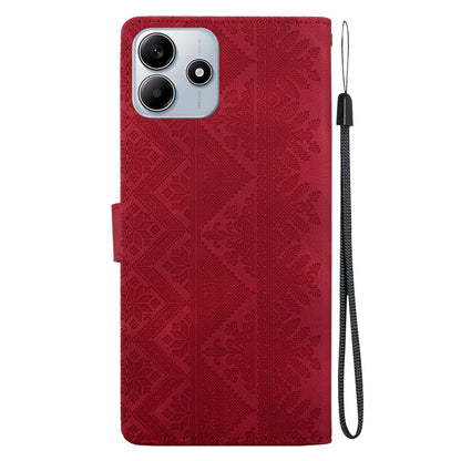 For Redmi Note 14 4G 164.84mm Ethnic Pattern Embossed Vegan Leather Phone Case - Red - EDA009981027C