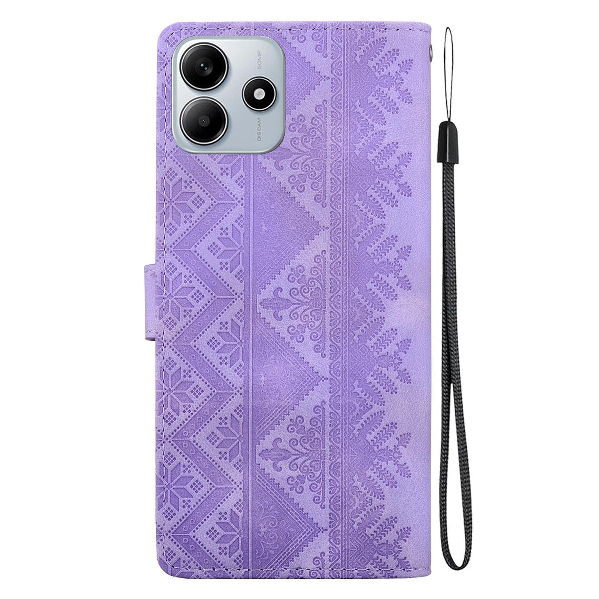 For Redmi Note 14 4G 164.84mm Ethnic Pattern Embossed Vegan Leather Phone Case - Purple - EDA009981027D
