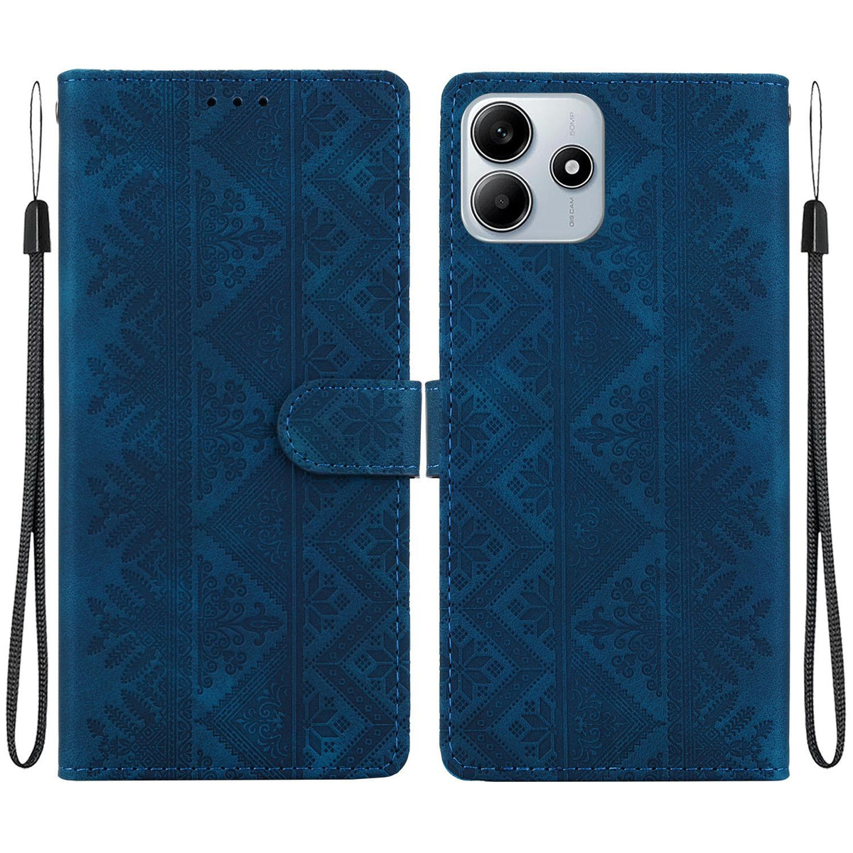 For Redmi Note 14 4G 164.84mm Ethnic Pattern Embossed Vegan Leather Phone Case - Dark Blue - EDA009981027E