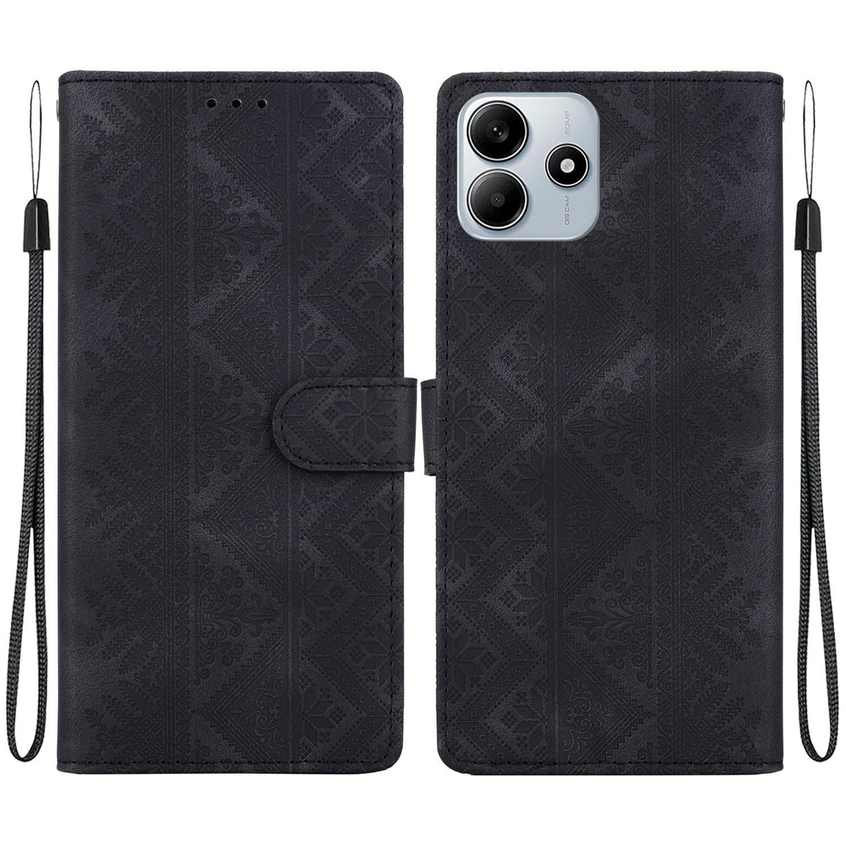 For Redmi Note 14 4G 164.84mm Ethnic Pattern Embossed Vegan Leather Phone Case - Black - EDA009981027F
