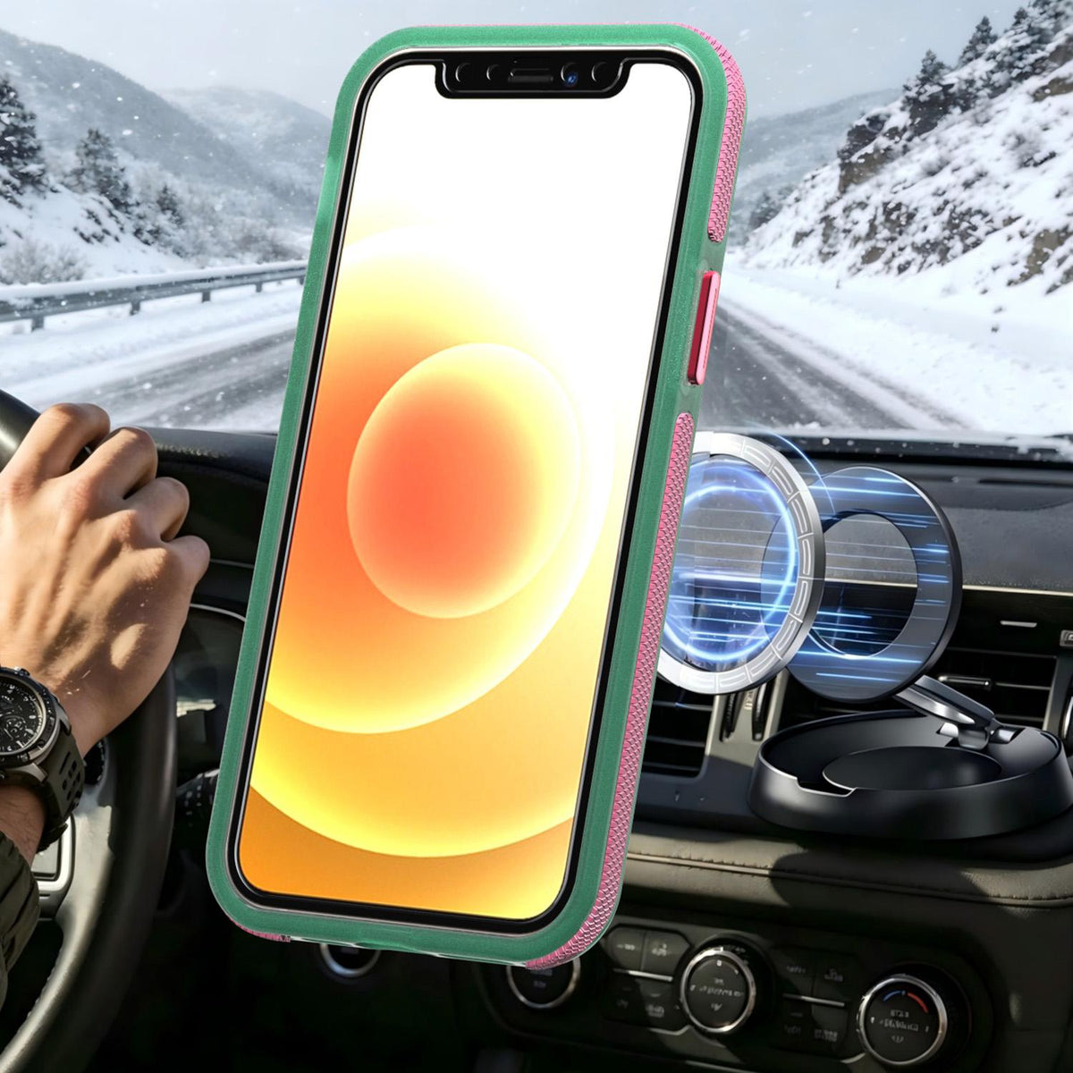 For iPhone 12 / 12 Pro Two-tone Contrast Magnetic Phone Case - Green - EDA009981514C