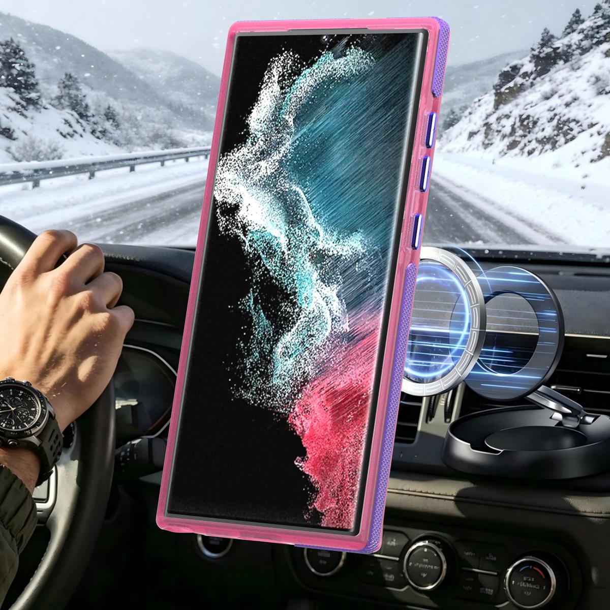 For Galaxy S23 Ultra / S22 Ultra 5G Two-tone Contrast Magnetic Phone Case - Pink - EDA009981611A