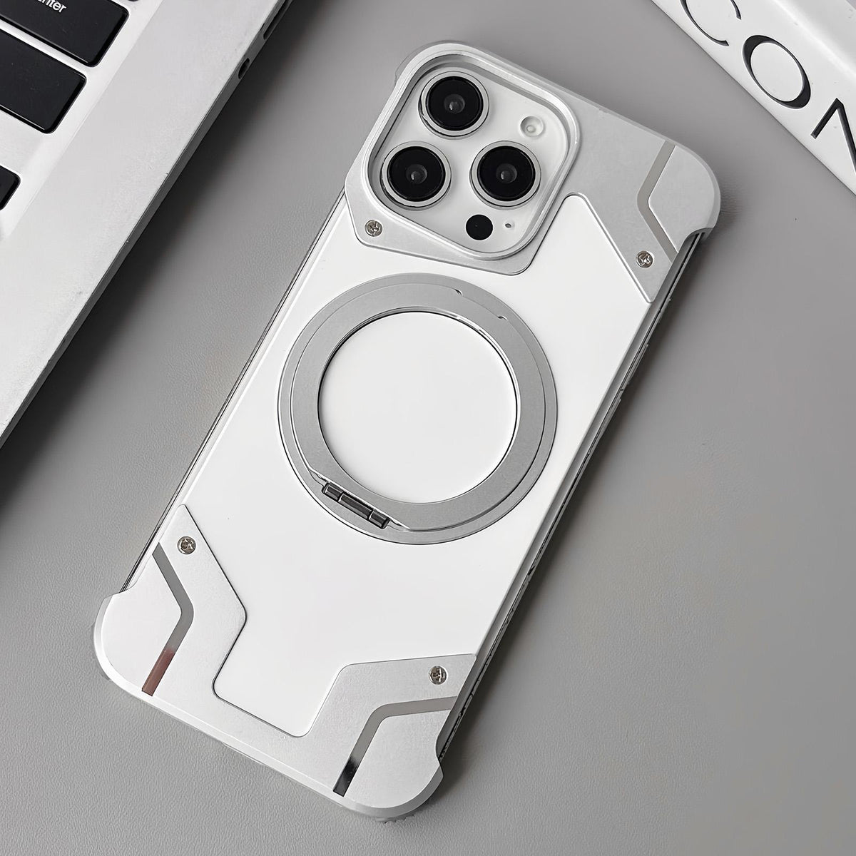 For iPhone 15 Pro Max Frameless Armor Silicone Magnetic Holder Phone Case - Silver - EDA009983302A