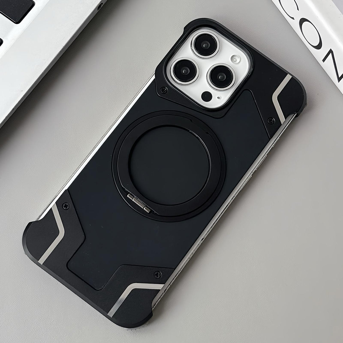 For iPhone 14 Pro Max Frameless Armor Silicone Magnetic Holder Phone Case - Black - EDA009983402B
