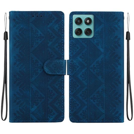 For Motorola Edge 60 Fusion Ethnic Pattern Embossed Vegan Leather Phone Case - Dark Blue - EDA009983902E