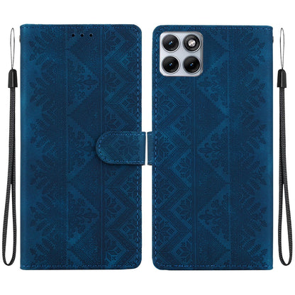 For Motorola Edge 70 Fusion 5G Ethnic Pattern Embossed Vegan Leather Phone Case - Dark Blue - EDA009983903E