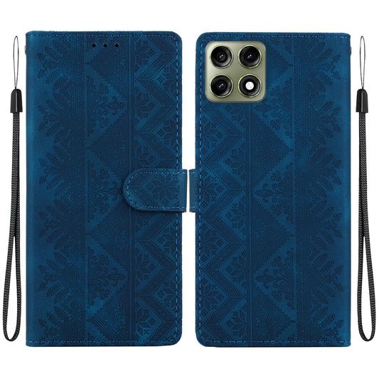 For Motorola Edge 70 Pro 5G Ethnic Pattern Embossed Vegan Leather Phone Case - Dark Blue - EDA009983904E
