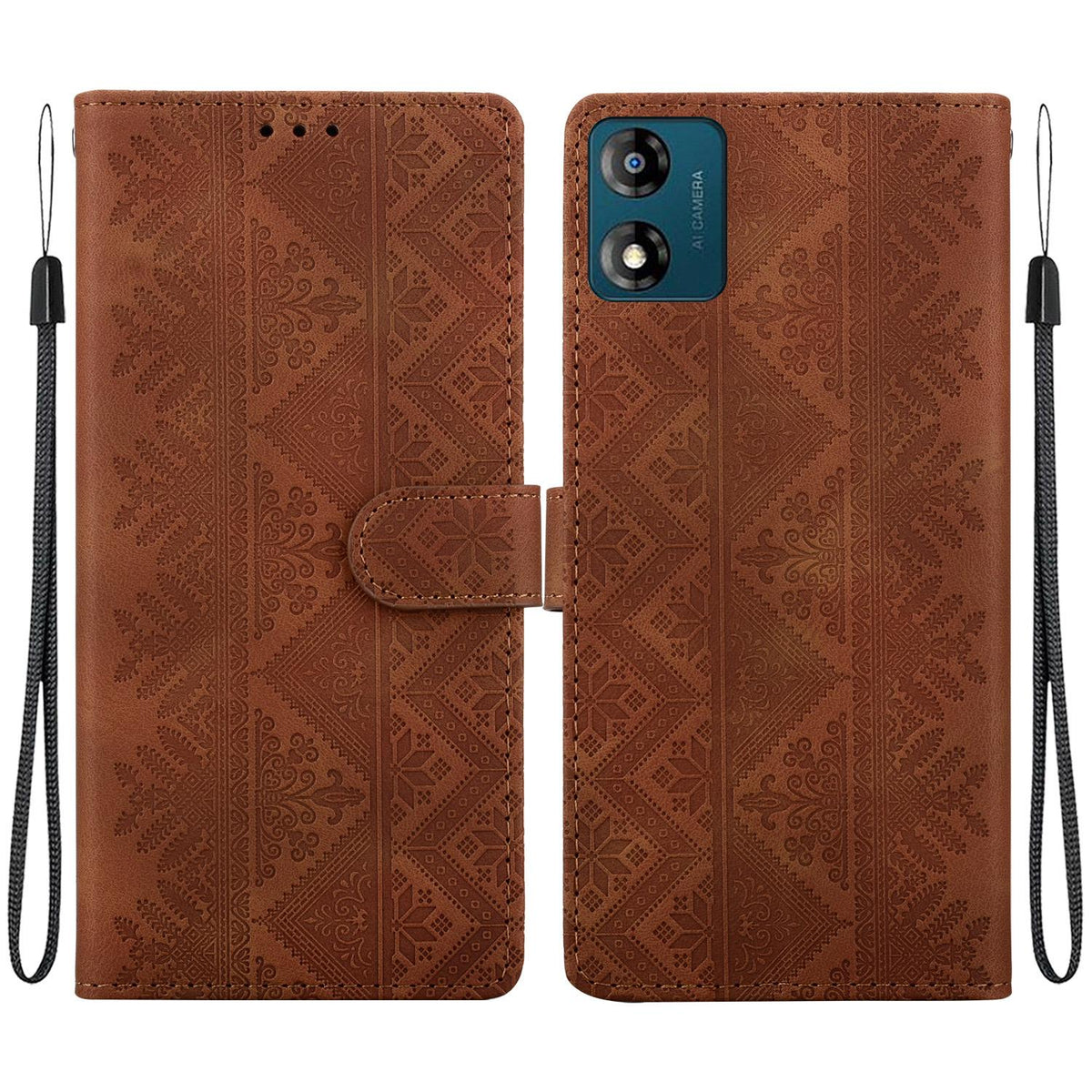 For Motorola Moto E13 Ethnic Pattern Embossed Vegan Leather Phone Case - Brown - EDA009983905A