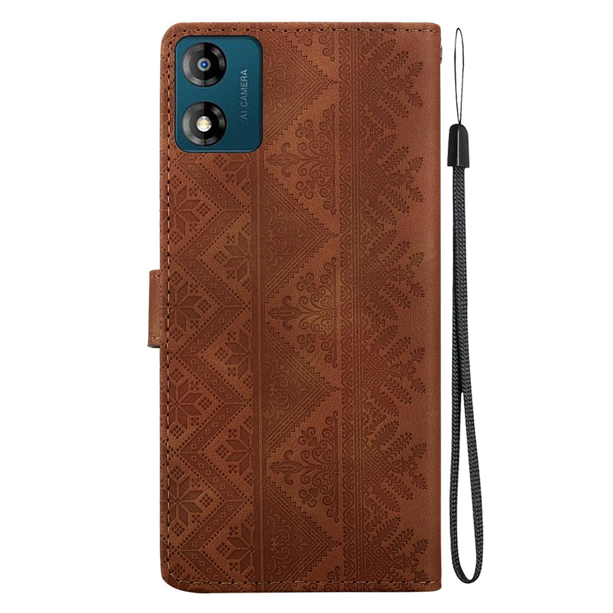 For Motorola Moto E13 Ethnic Pattern Embossed Vegan Leather Phone Case - Brown - EDA009983905A