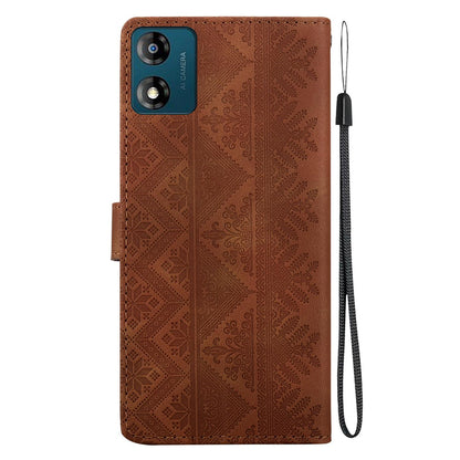 For Motorola Moto E13 Ethnic Pattern Embossed Vegan Leather Phone Case - Brown - EDA009983905A