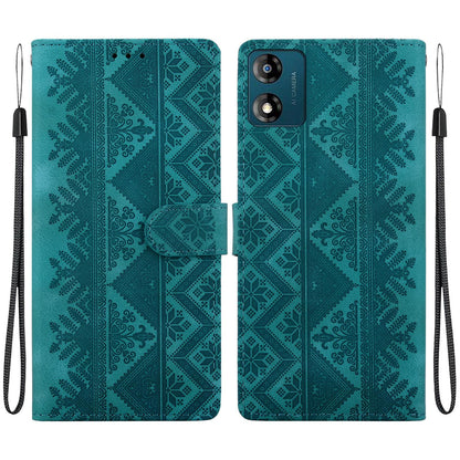 For Motorola Moto E13 Ethnic Pattern Embossed Vegan Leather Phone Case - Green - EDA009983905B