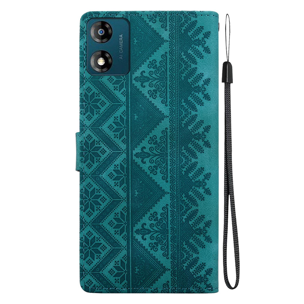 For Motorola Moto E13 Ethnic Pattern Embossed Vegan Leather Phone Case - Green - EDA009983905B
