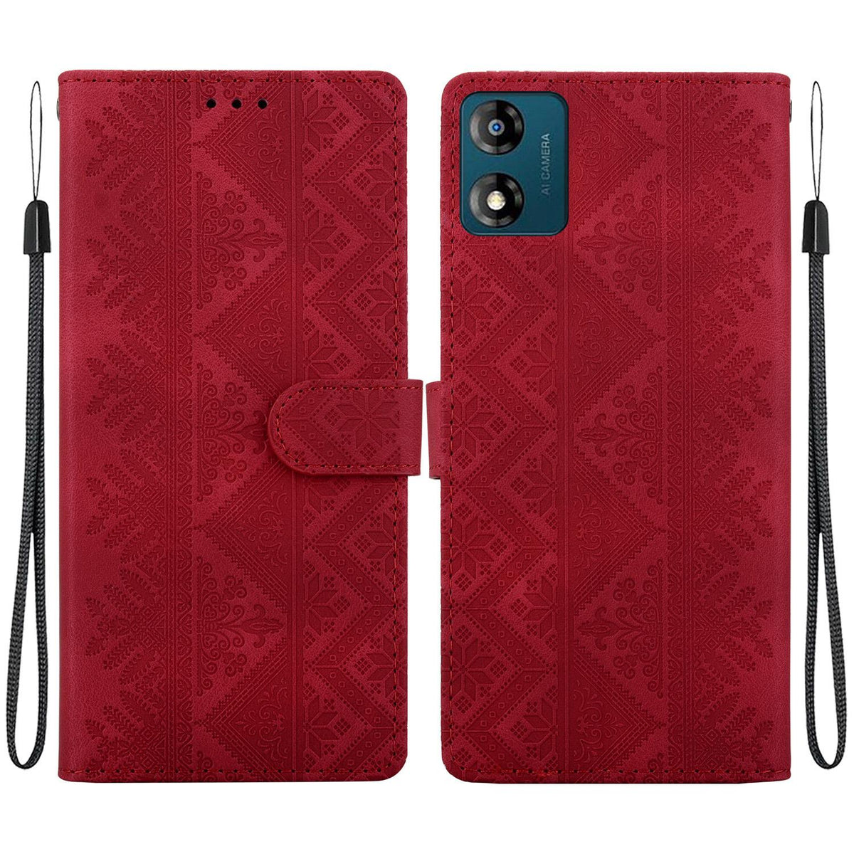 For Motorola Moto E13 Ethnic Pattern Embossed Vegan Leather Phone Case - Red - EDA009983905C