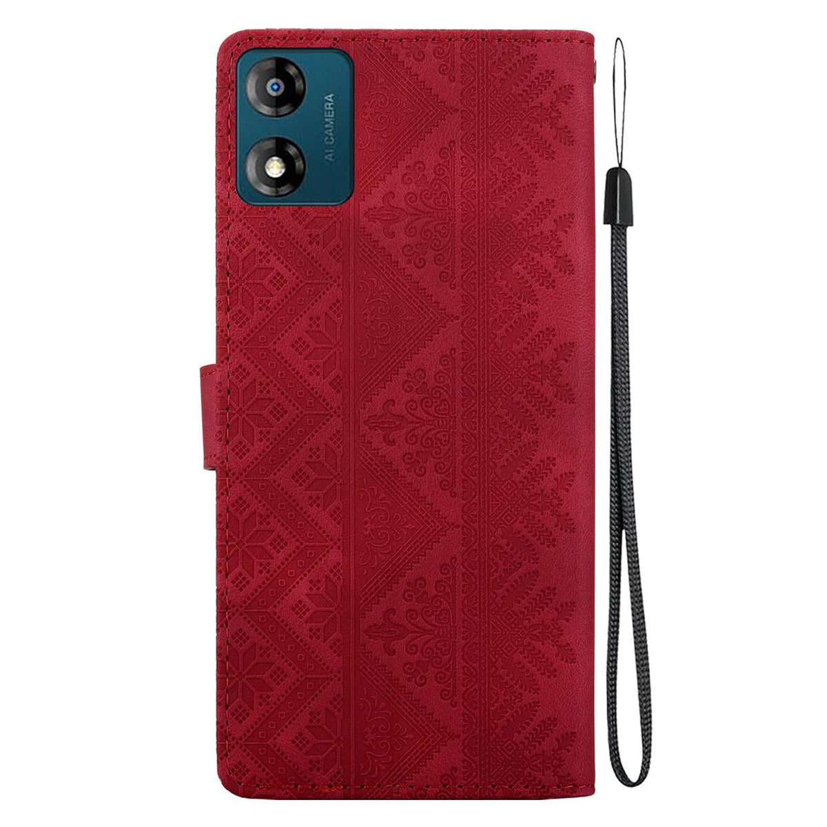 For Motorola Moto E13 Ethnic Pattern Embossed Vegan Leather Phone Case - Red - EDA009983905C