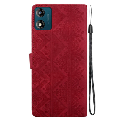 For Motorola Moto E13 Ethnic Pattern Embossed Vegan Leather Phone Case - Red - EDA009983905C