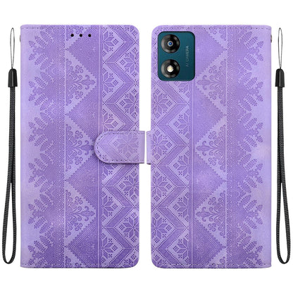 For Motorola Moto E13 Ethnic Pattern Embossed Vegan Leather Phone Case - Purple - EDA009983905D