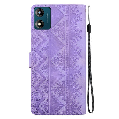 For Motorola Moto E13 Ethnic Pattern Embossed Vegan Leather Phone Case - Purple - EDA009983905D