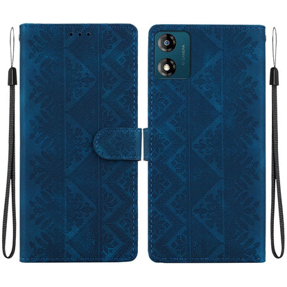 For Motorola Moto E13 Ethnic Pattern Embossed Vegan Leather Phone Case - Dark Blue - EDA009983905E