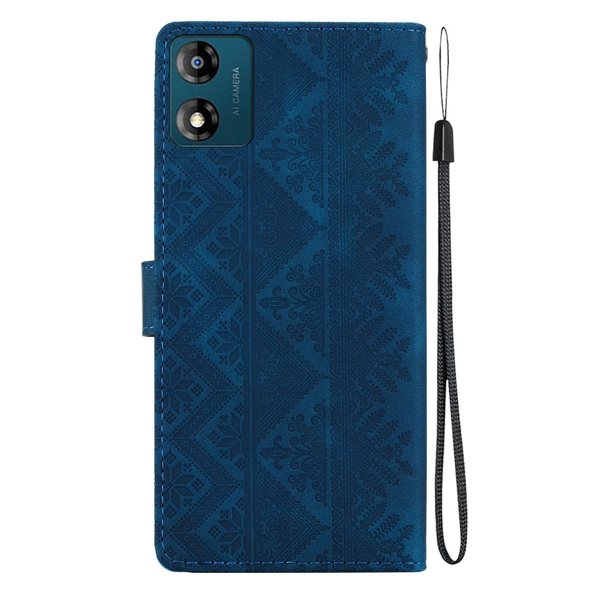 For Motorola Moto E13 Ethnic Pattern Embossed Vegan Leather Phone Case - Dark Blue - EDA009983905E