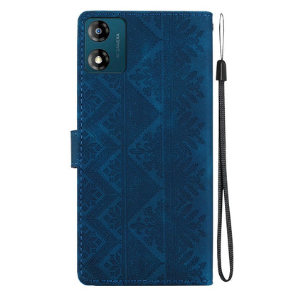 For Motorola Moto E13 Ethnic Pattern Embossed Vegan Leather Phone Case - Dark Blue - EDA009983905E