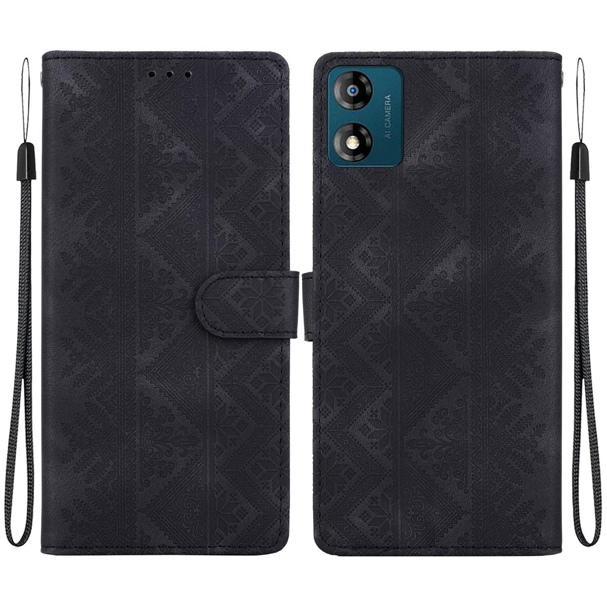 For Motorola Moto E13 Ethnic Pattern Embossed Vegan Leather Phone Case - Black - EDA009983905F