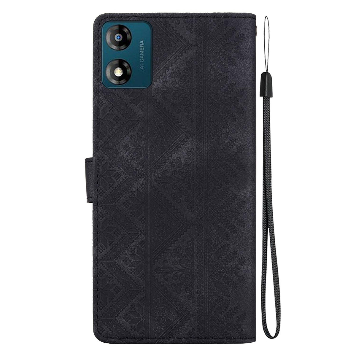 For Motorola Moto E13 Ethnic Pattern Embossed Vegan Leather Phone Case - Black - EDA009983905F
