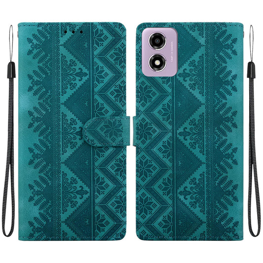 For Motorola Moto E14 / G24 / G04 / G04s Ethnic Pattern Embossed Vegan Leather Phone Case - Green - EDA009983906B