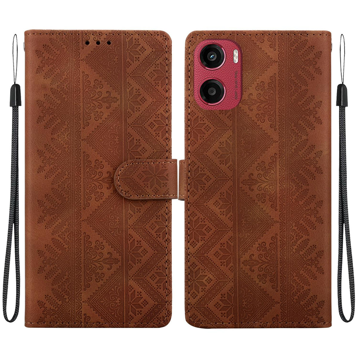 For Motorola Moto E15 / Moto G05 Ethnic Pattern Embossed Vegan Leather Phone Case - Brown - EDA009983907A