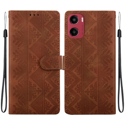 For Motorola Moto E15 / Moto G05 Ethnic Pattern Embossed Vegan Leather Phone Case - Brown - EDA009983907A