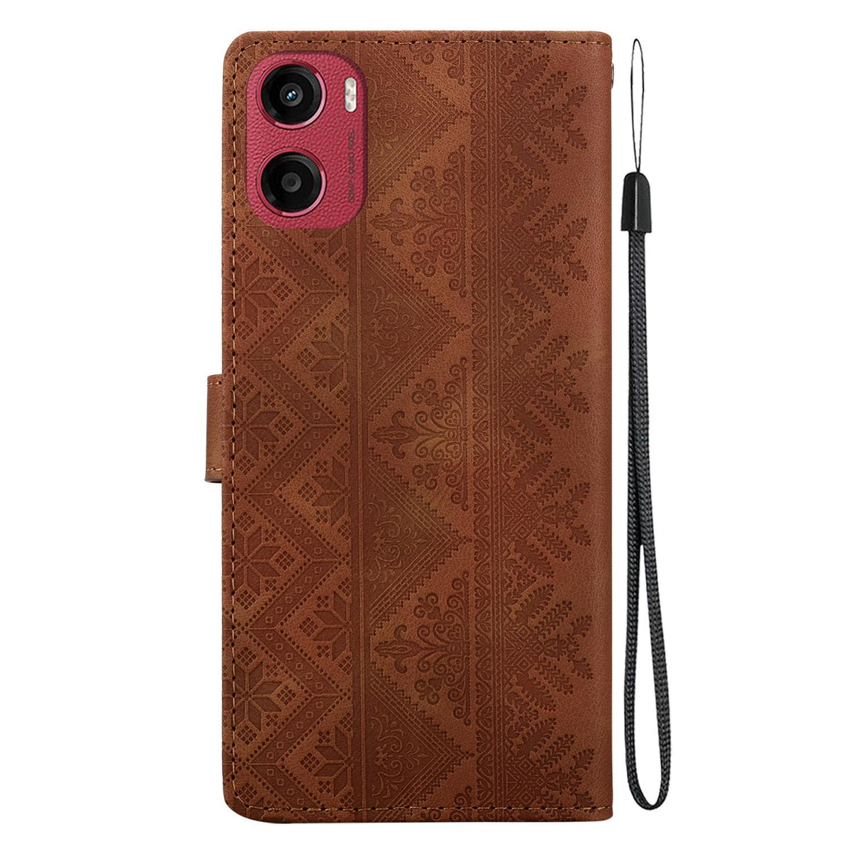 For Motorola Moto E15 / Moto G05 Ethnic Pattern Embossed Vegan Leather Phone Case - Brown - EDA009983907A