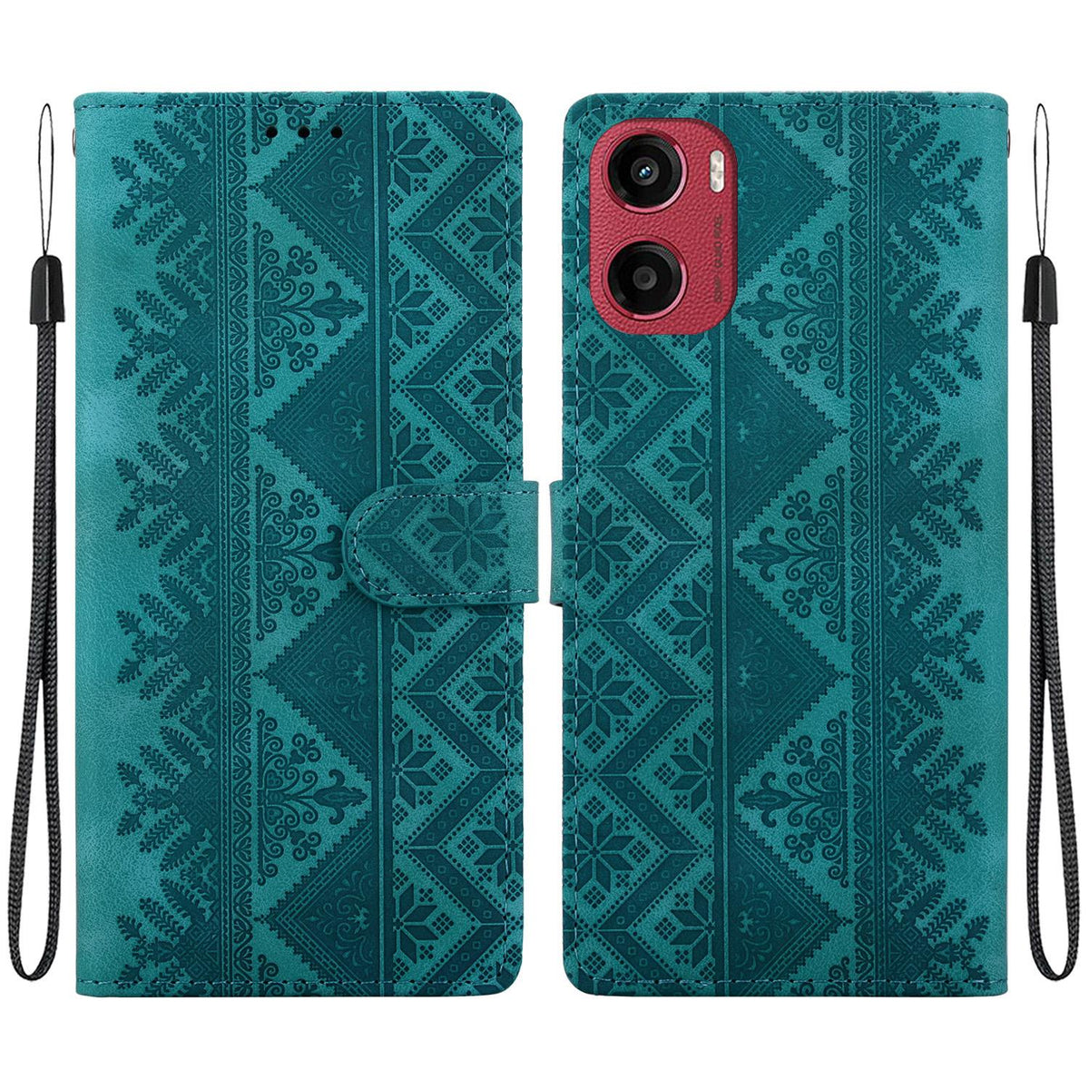 For Motorola Moto E15 / Moto G05 Ethnic Pattern Embossed Vegan Leather Phone Case - Green - EDA009983907B