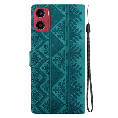 For Motorola Moto E15 / Moto G05 Ethnic Pattern Embossed Vegan Leather Phone Case - Green - EDA009983907B