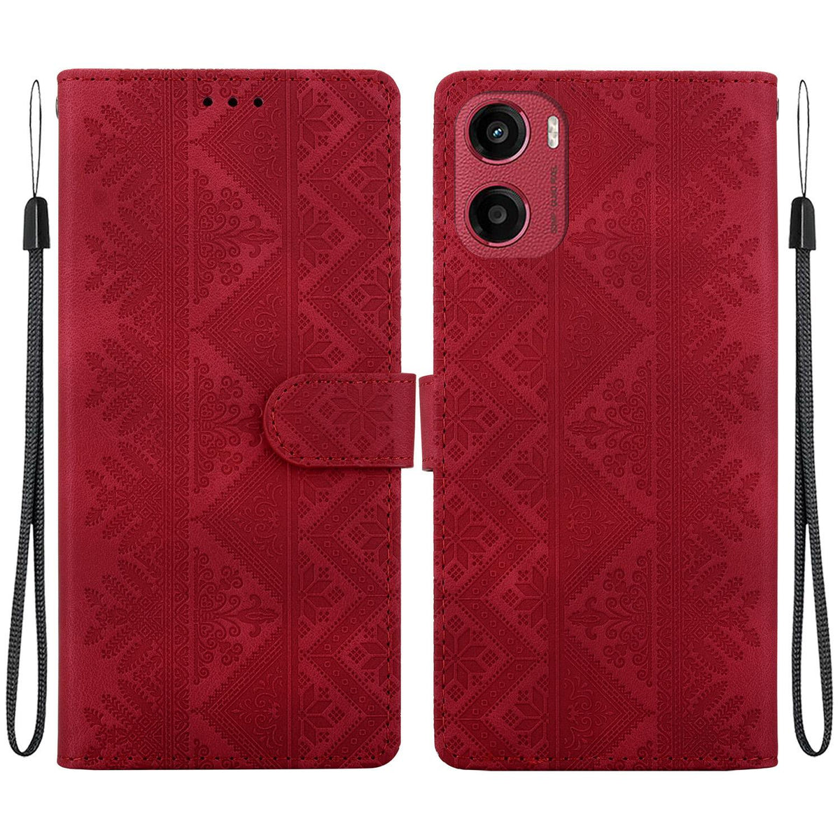 For Motorola Moto E15 / Moto G05 Ethnic Pattern Embossed Vegan Leather Phone Case - Red - EDA009983907C