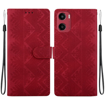 For Motorola Moto E15 / Moto G05 Ethnic Pattern Embossed Vegan Leather Phone Case - Red - EDA009983907C