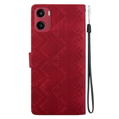 For Motorola Moto E15 / Moto G05 Ethnic Pattern Embossed Vegan Leather Phone Case - Red - EDA009983907C