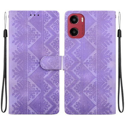For Motorola Moto E15 / Moto G05 Ethnic Pattern Embossed Vegan Leather Phone Case - Purple - EDA009983907D