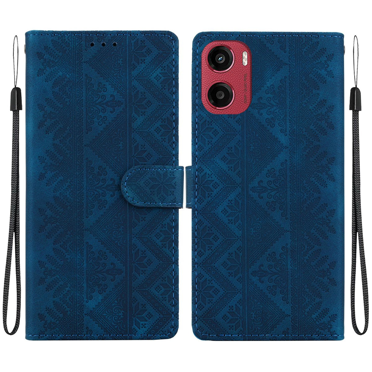 For Motorola Moto E15 / Moto G05 Ethnic Pattern Embossed Vegan Leather Phone Case - Dark Blue - EDA009983907E