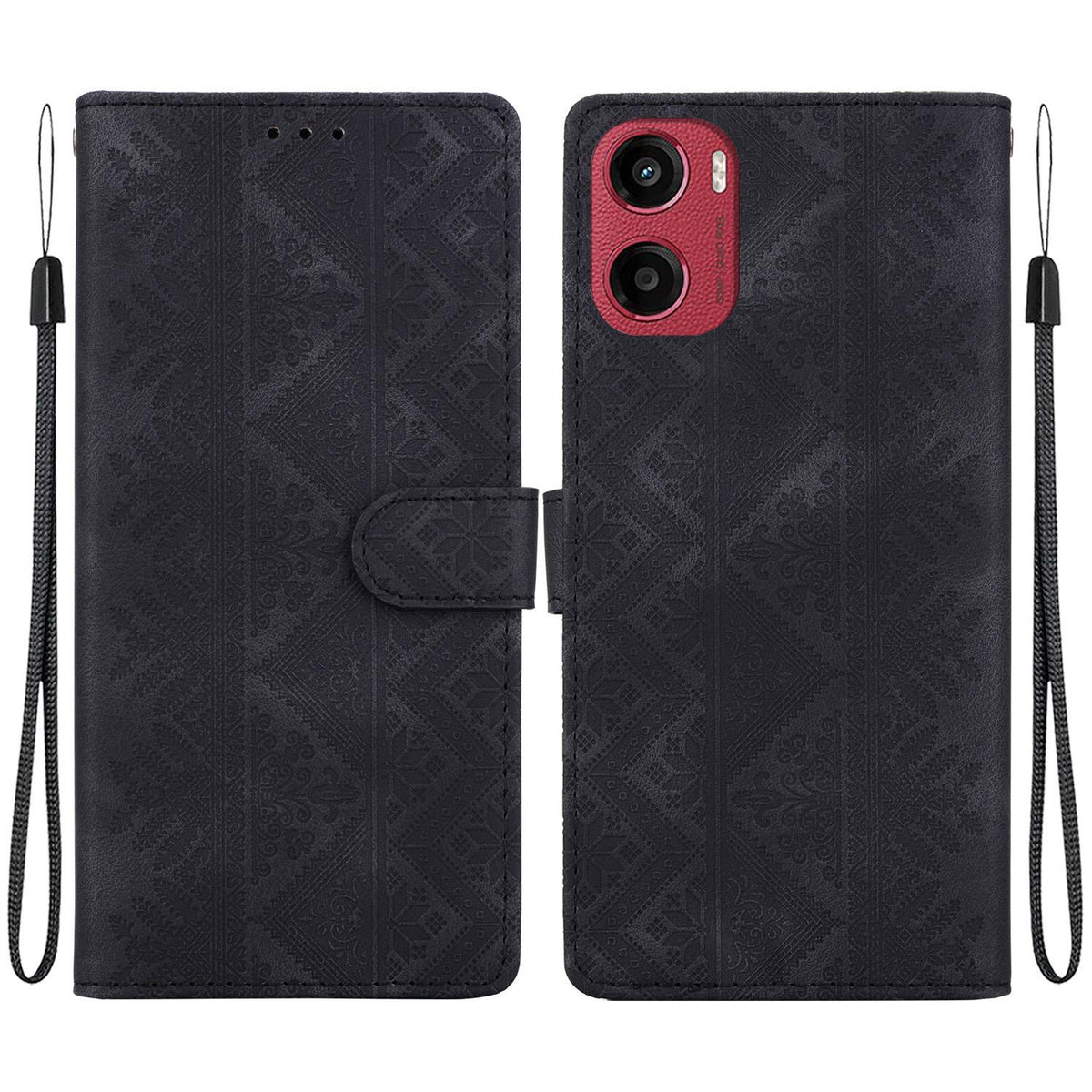 For Motorola Moto E15 / Moto G05 Ethnic Pattern Embossed Vegan Leather Phone Case - Black - EDA009983907F