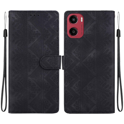 For Motorola Moto E15 / Moto G05 Ethnic Pattern Embossed Vegan Leather Phone Case - Black - EDA009983907F