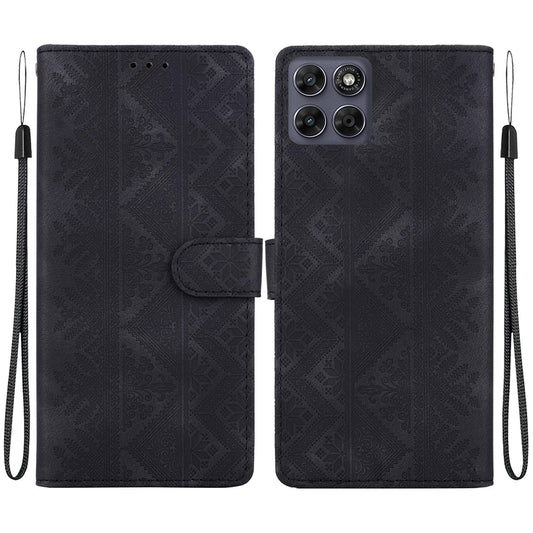 For Motorola Moto G Max / G87 / G77 / G67 5G Ethnic Pattern Embossed Vegan Leather Phone Case - Black - EDA009983909F