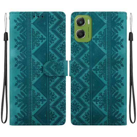 For Motorola Moto G06 4G Ethnic Pattern Embossed Vegan Leather Phone Case - Green - EDA009983910B