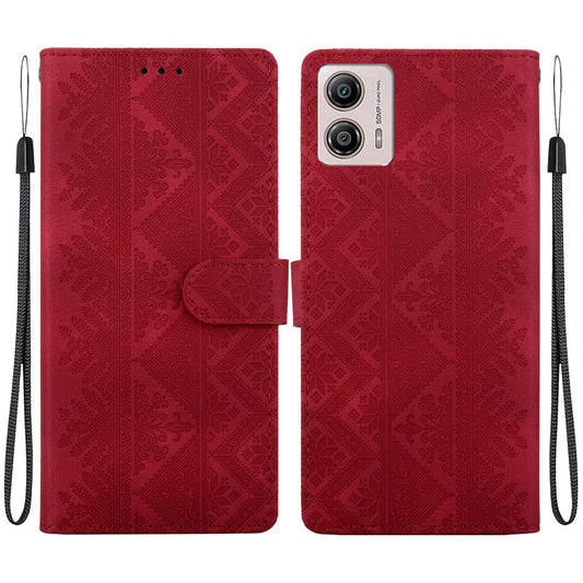 For Motorola Moto G13 / Moto G23 Ethnic Pattern Embossed Vegan Leather Phone Case - Red - EDA009983911C