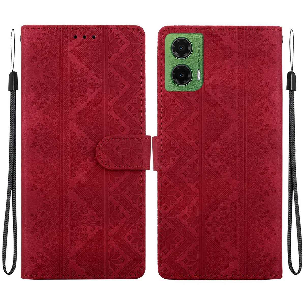 For Motorola Moto G35 Ethnic Pattern Embossed Vegan Leather Phone Case - Red - EDA009983912C