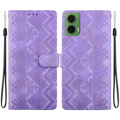 For Motorola Moto G35 Ethnic Pattern Embossed Vegan Leather Phone Case - Purple - EDA009983912D