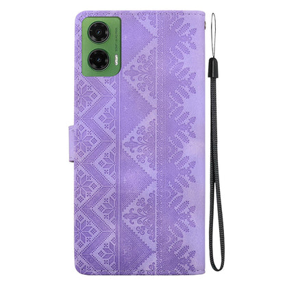 For Motorola Moto G35 Ethnic Pattern Embossed Vegan Leather Phone Case - Purple - EDA009983912D