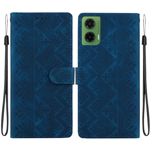 For Motorola Moto G35 Ethnic Pattern Embossed Vegan Leather Phone Case - Dark Blue - EDA009983912E