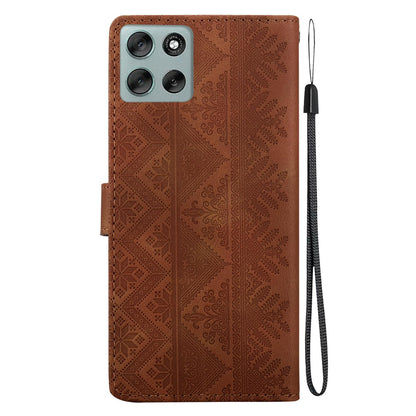 For Motorola Moto G56 5G / G66j 5G / G66y 5G Ethnic Pattern Embossed Vegan Leather Phone Case - Brown - EDA009983915A