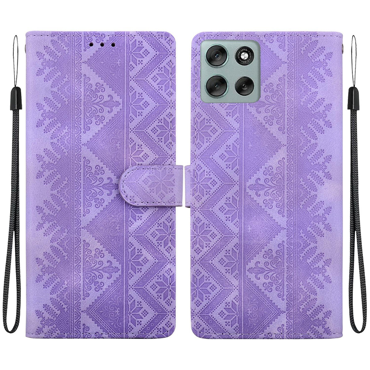 For Motorola Moto G56 5G / G66j 5G / G66y 5G Ethnic Pattern Embossed Vegan Leather Phone Case - Purple - EDA009983915D