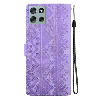 For Motorola Moto G56 5G / G66j 5G / G66y 5G Ethnic Pattern Embossed Vegan Leather Phone Case - Purple - EDA009983915D